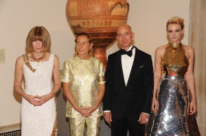 (L-R) Anna Wintour, Miuccia Prada, Jeff Bezos and Carey Mulligan attend the Metropolitan Museum of Artâ€™s 2012 Costume Institute Gala featuring the debut of â€œSchiaparelli and Prada: Impossible Conversations.â€� All wear Prada. (Photo by Fairchild Archive/Penske Media via Getty Images)