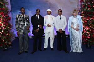 NEW YORK, NEW YORK - MAY 05: (Exclusive Coverage) (L-R) Co-Chairs Colman Domingo, A$AP Rocky, Lewis Hamilton, Pharrell Williams and Chair Anna Wintour attends the 2025 Met Gala Celebrating "Superfine: Tailoring Black Style" at Metropolitan Museum of Art on May 05, 2025 in New York City.  (Photo by Arturo Holmes/MG25/Getty Images for The Met Museum/Vogue)