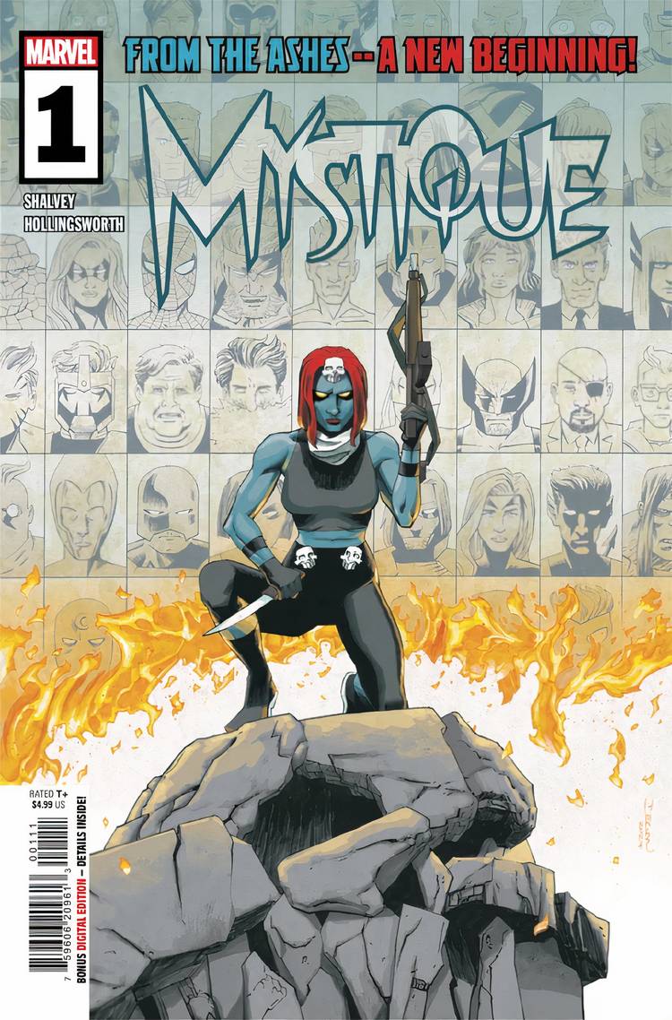 Mystique #1 cover featuring Mystique with a gun and a knife. 