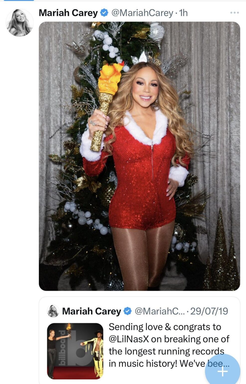 Mariah Carey reclaiming her torch from Lil Nas X as ‘All I Want for Christmas Is You’ surpasses ‘Old Town Road’ as the song with most weeks at #1 on Billboard Hot 100