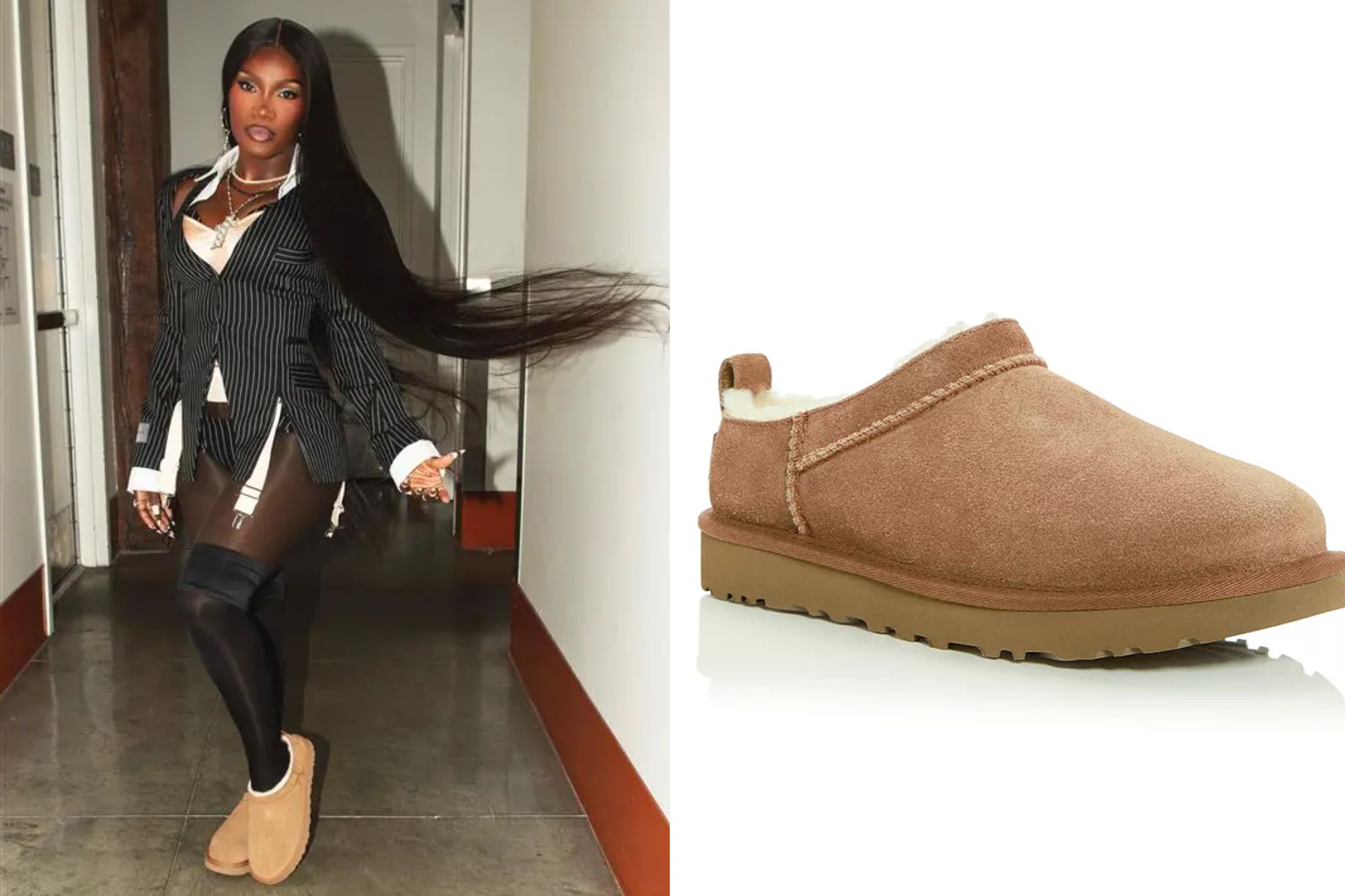 An image collage containing 2 images, Image 1 shows Doechii in a pinstriped blazer, lingerie, black tights, and Ugg Tasman slippers, Image 2 shows Brown UGG slipper with fur lining
