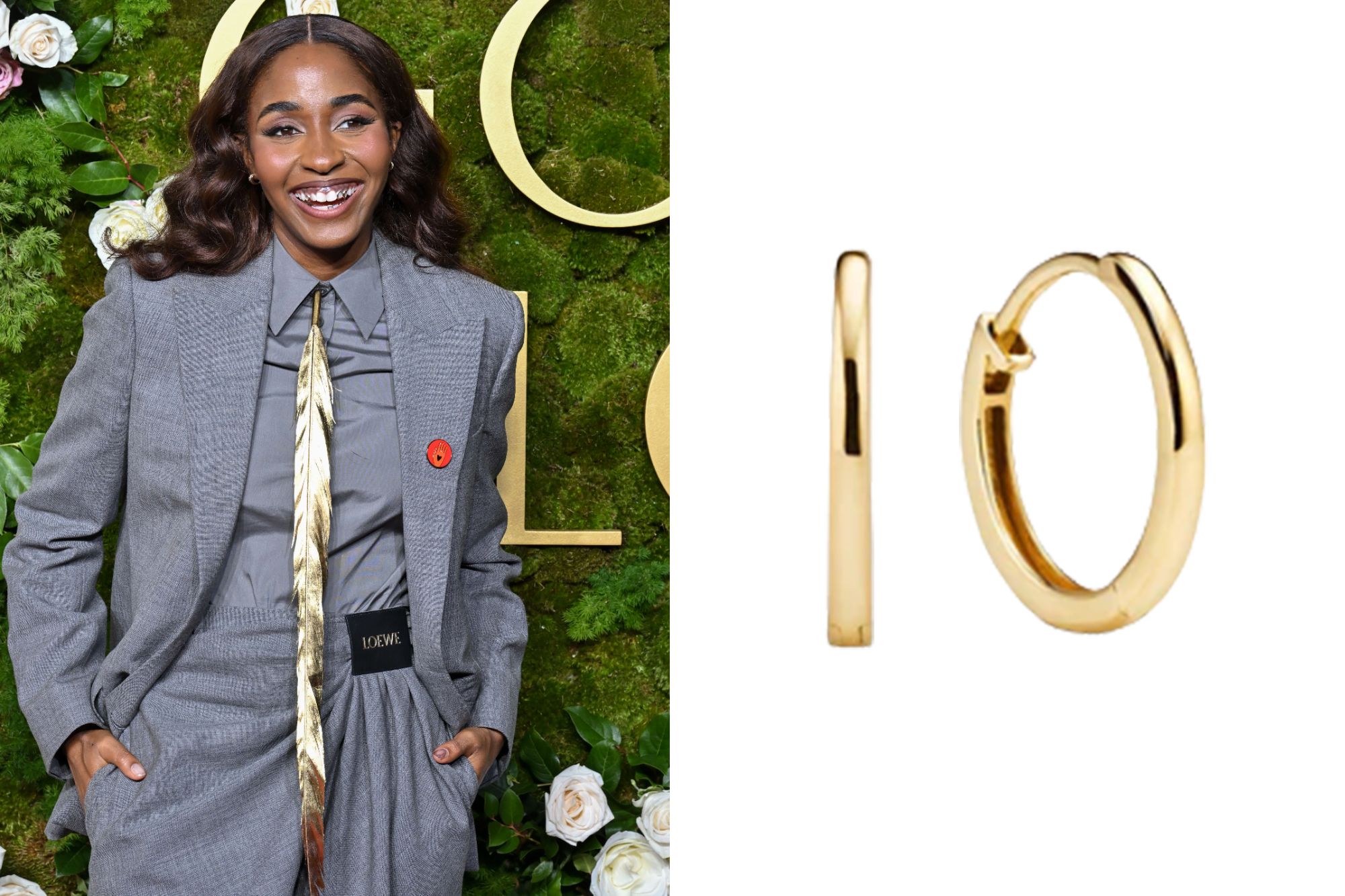 An image collage containing 2 images, Image 1 shows Ayo Edebiri smiling, wearing a gray suit with a long golden feather accessory and a red pin, standing in front of a green moss wall with flowers and golden letters, Image 2 shows Pair of thin gold hoop earrings