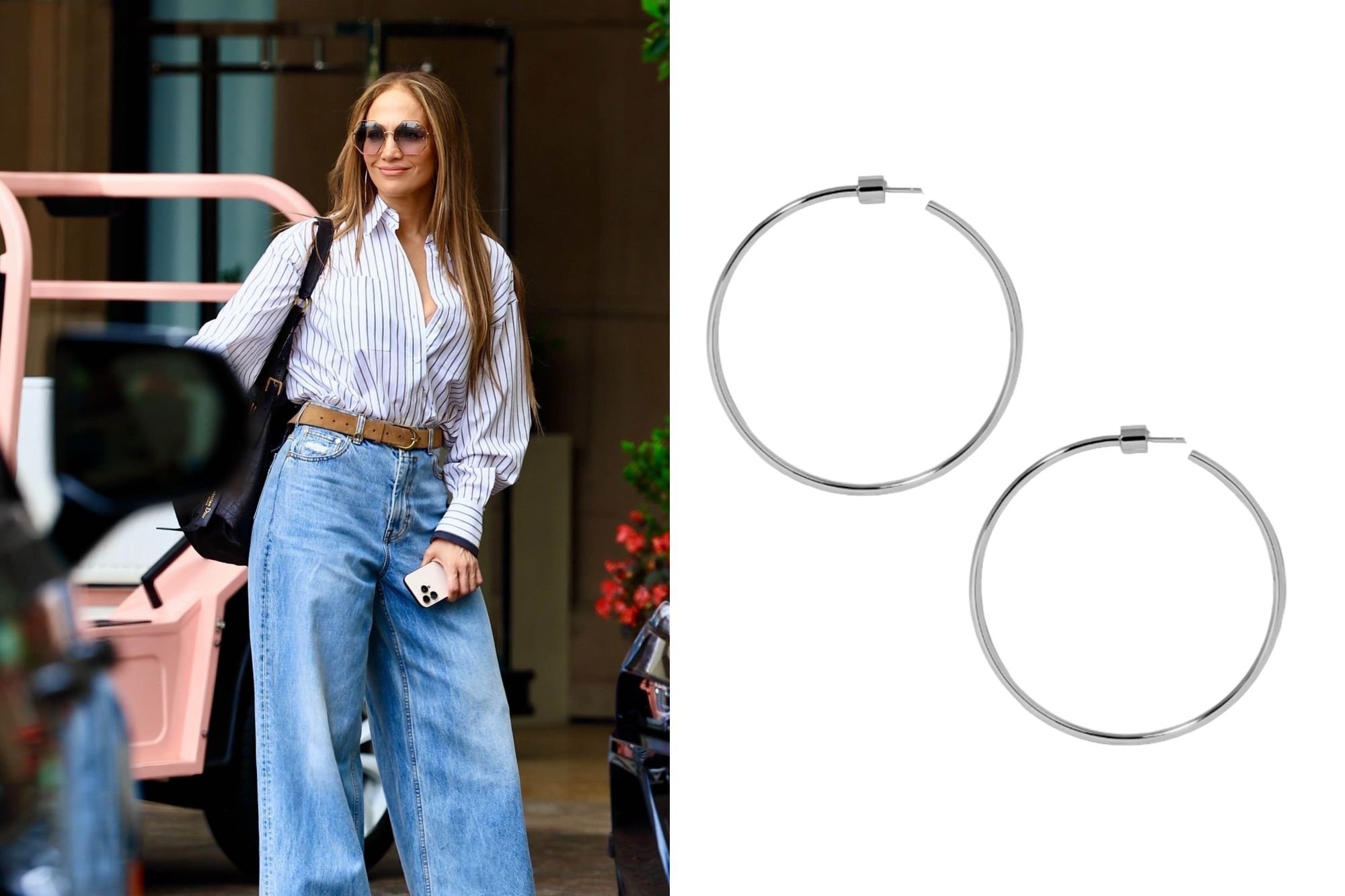An image collage containing 2 images, Image 1 shows Jennifer Lopez in a striped shirt, wide-leg jeans, sunglasses, and a black purse arriving at the Maybourne Hotel, Image 2 shows Pair of silver hoop earrings