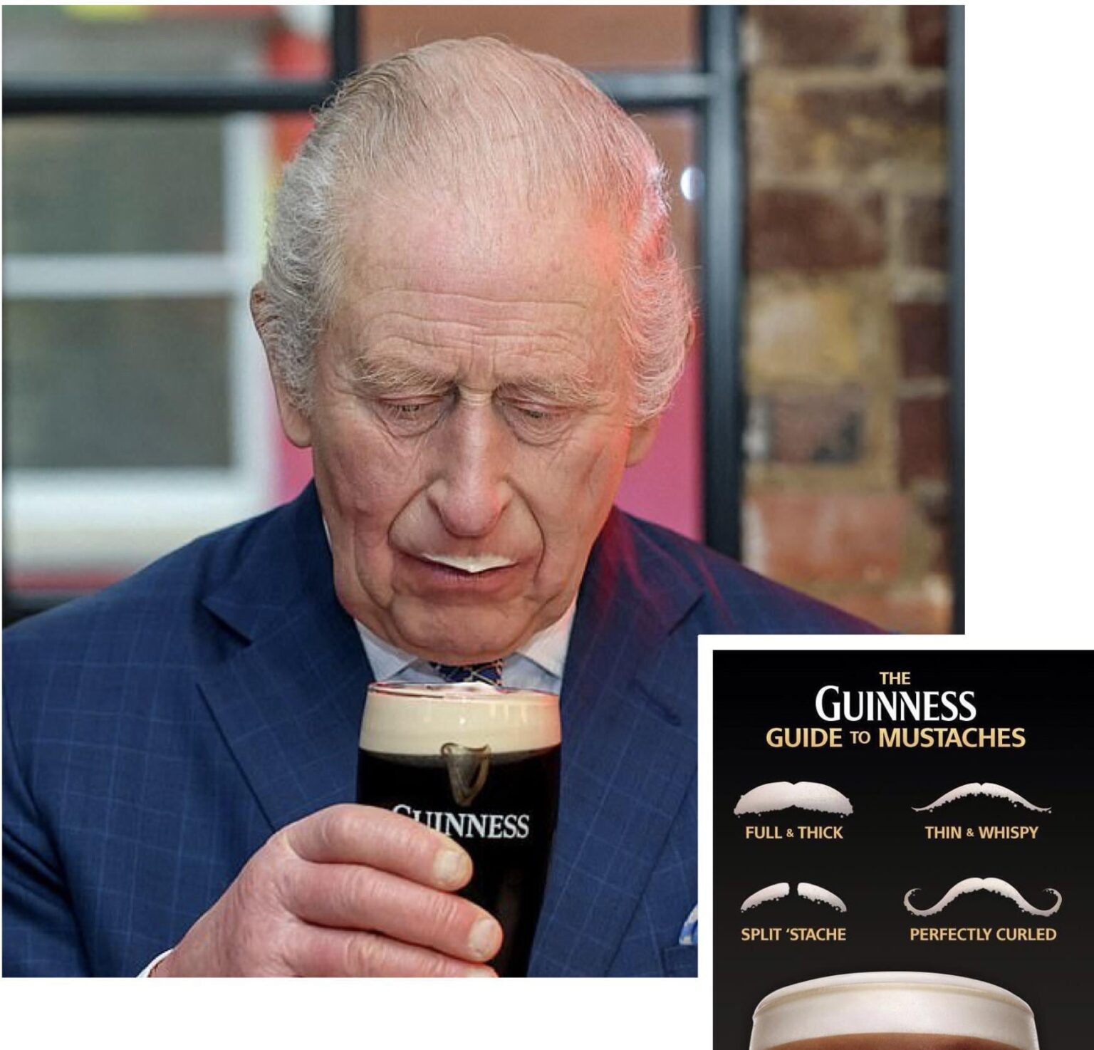 King Charles with a Guiness moustache at the London factory last week. Looks like a ‘thin but not wispy’ to me