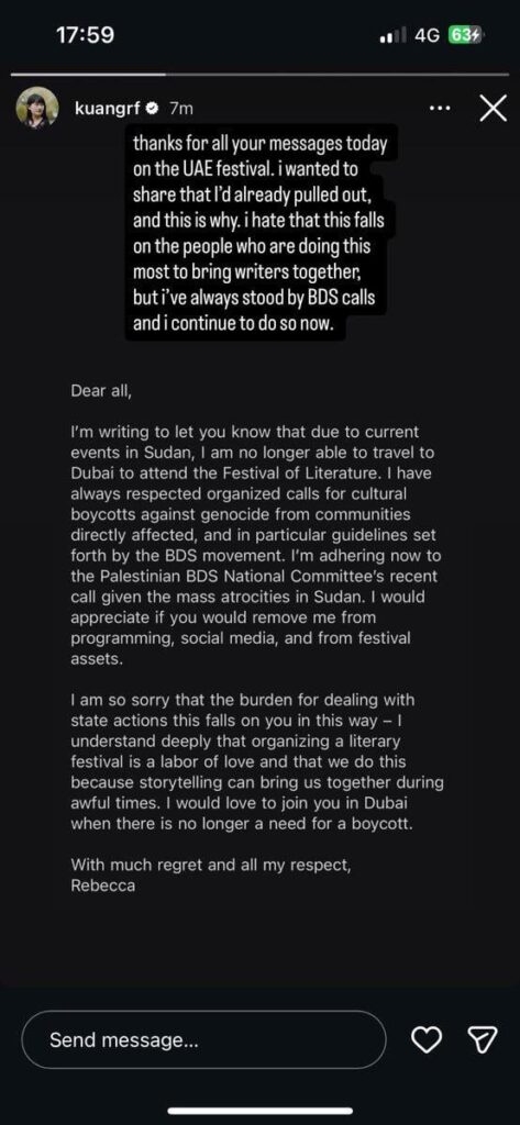 After being called out, R.F. Kuang announces she’s pulling out of the Emirates Literature Festival taking place in Dubai. She was one of the headliners of the festival, along with Asma Khan and Scott Turrow