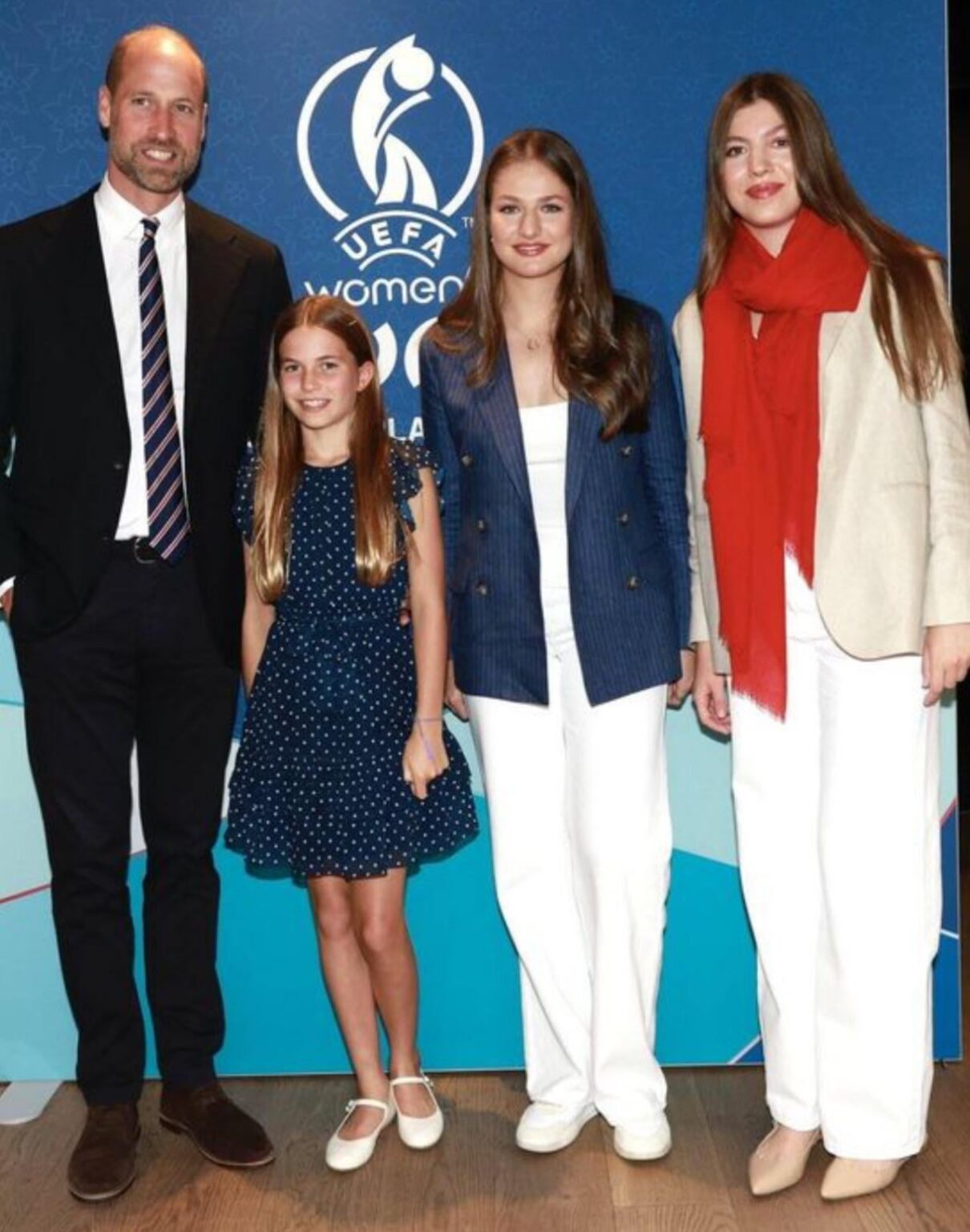 Prince William, Princess Charlotte, Princesses Leonor and Sofia pose for a photo UEFA Women's Euro 2025 final match in July.