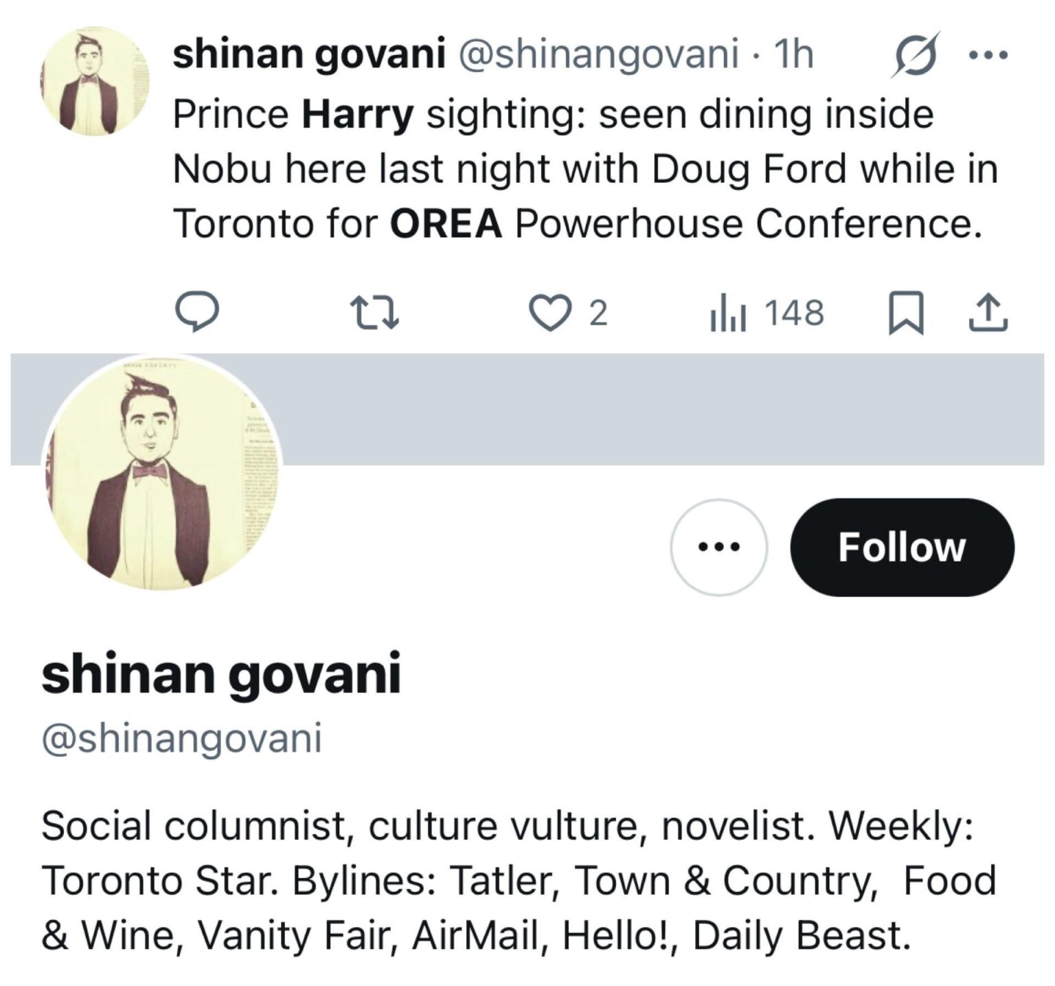 Social columnist for Toronto Star claims Harry was spotted at Nobu last night with right wing Ontario Premier Doug Ford