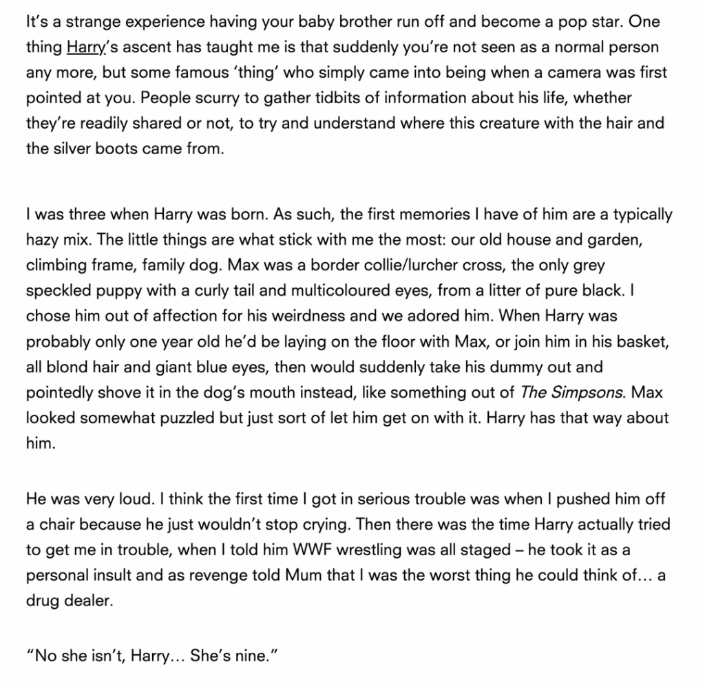 Gemma Styles's personal essay about her younger brother Harry and his fame