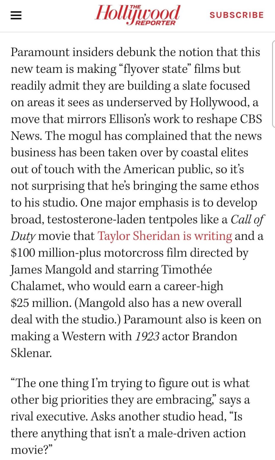 Per THR, Ellisons at Paramount are throwing major money at and enlisting Taylor Sheridan, Timothée Chalamet, and Brandon Sklenar to crank out a MAGA-friendly, “testosterone-laden” movie.