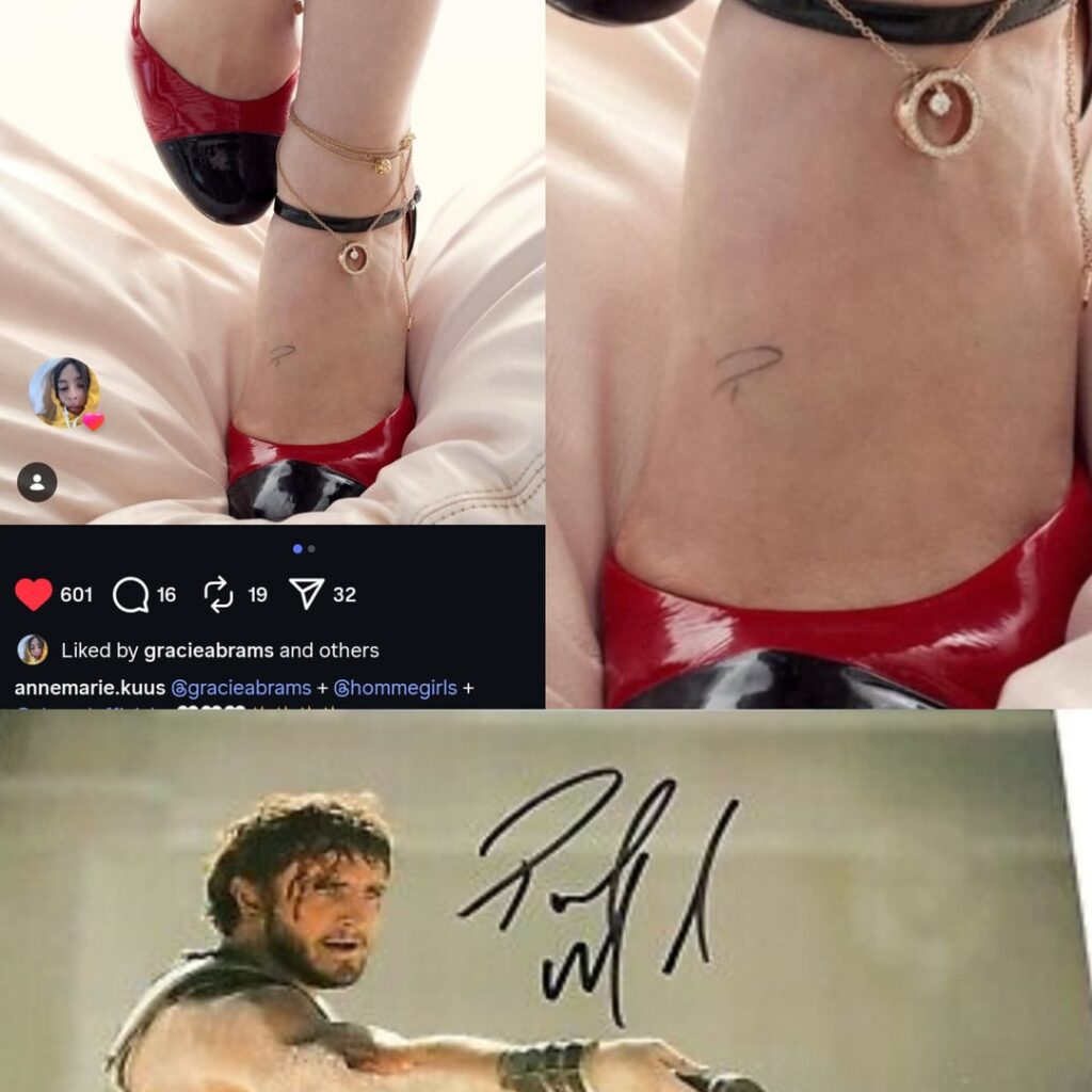 Gracie Abrams spotted with Paul Mescal's initial tattooed on her (after the matching tattoo they already have together) + matching rings with engraved initials