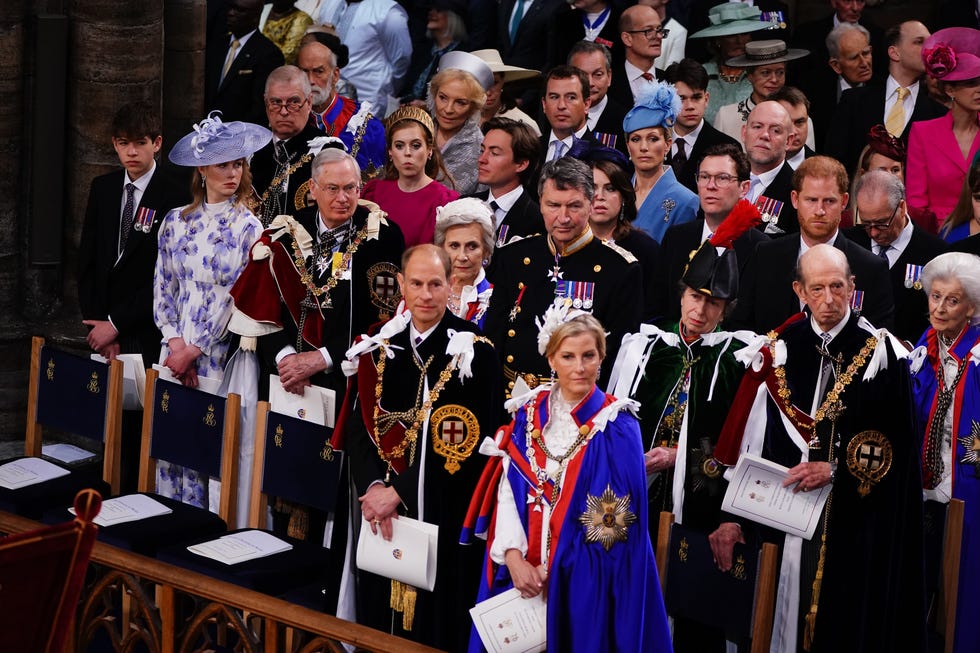 andrew is seen in the third row from front at his brother king charles' coronation, next to daughter beatrice