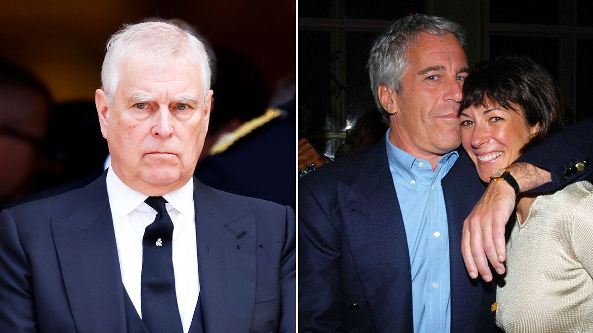 A split-side-by-side photo of Andrew and Jeffrey Epstein embracing Ghislaine Maxwell.