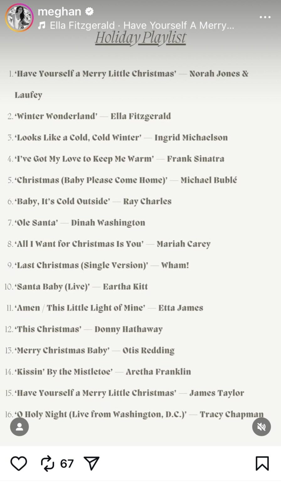Meghan posts a list of her favorite Christmas songs
