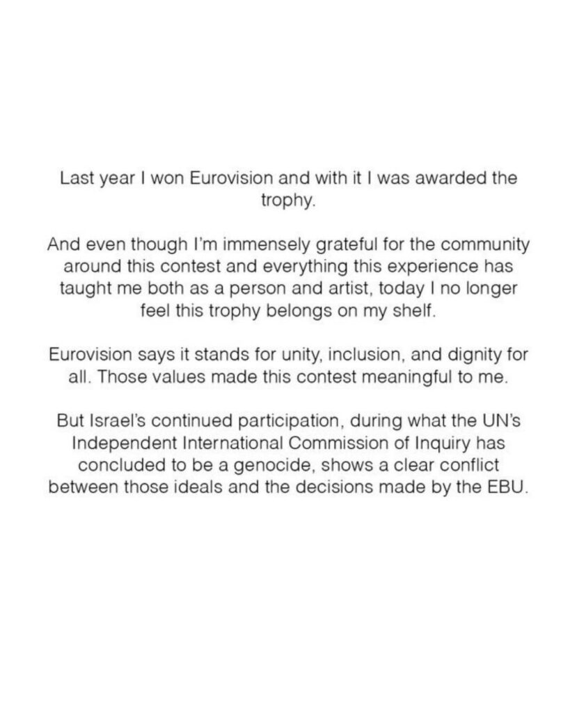 Eurovision 2024 winner Nemo hands back the trophy in protest against Israel’s continued participation