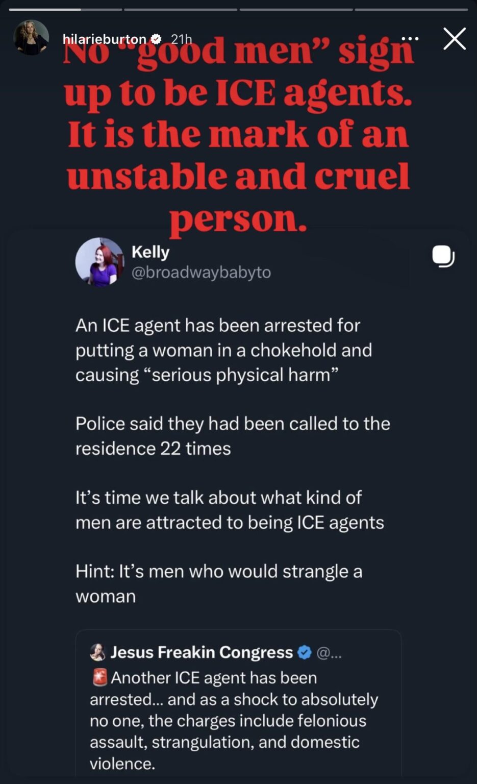 Hilarie Burton speaks out against ICE: No "good men" sign up to be ICE agents. It is the mark of an unstable and cruel person.