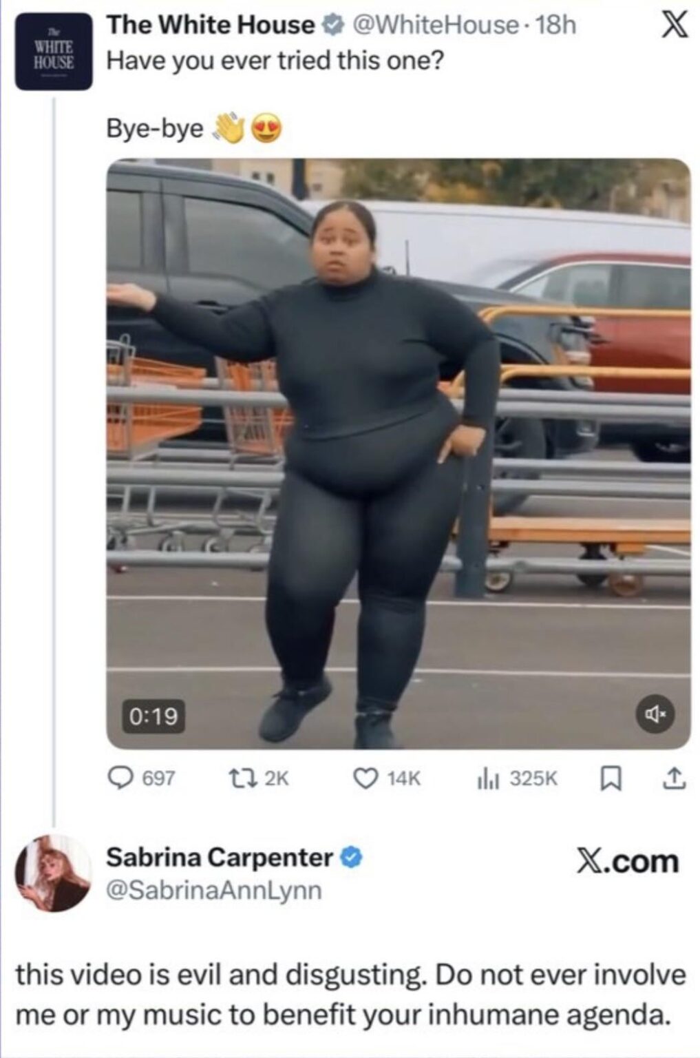 Sabrina Carpenter criticizes the White House for using her song ‘Juno’ for their rethoric: “this video is evil and disgusting. Do not ever involve me or my music to benefit your inhumane agenda.”