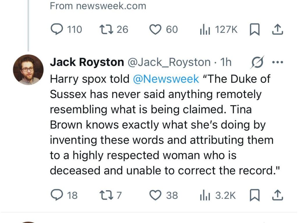 Prince Harry refutes Tina Brown’s statement that he called Archie his “African child” - says she “knows exactly what she’s doing by inventing these words and attributing them to a deceased woman”