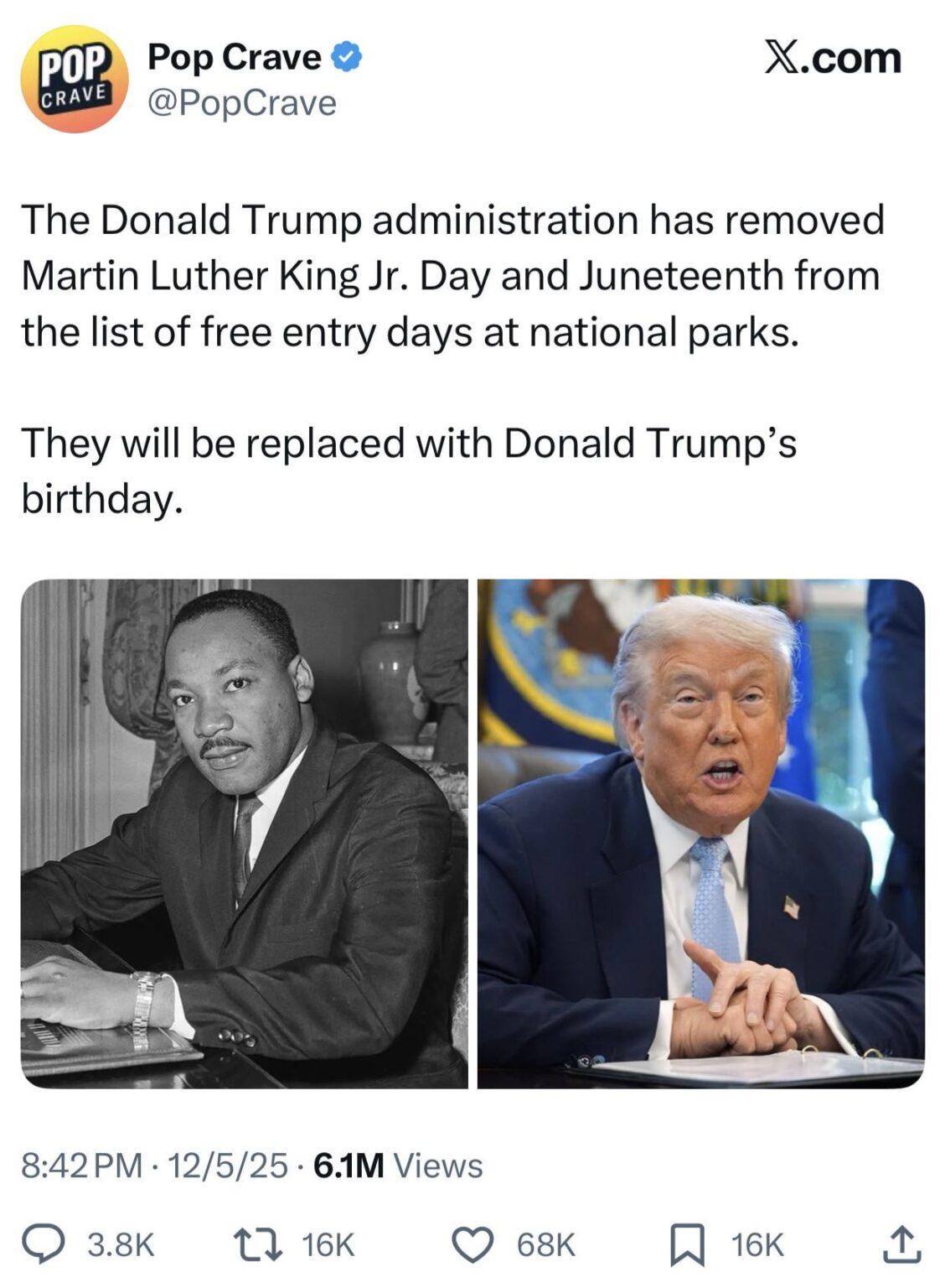 The Donald Trump administration has removed Martin Luther King Jr. Day and Juneteenth from the list of free entry days at national parks. They will be replaced with Donald Trump’s birthday.