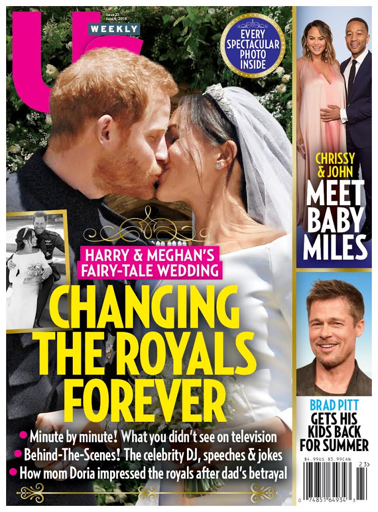 US Weekly magazine cover featuring a photo of Prince Harry kissing Meghan Markle on their wedding day, with smaller photos of Chrissy Teigen and John Legend, and Brad Pitt.