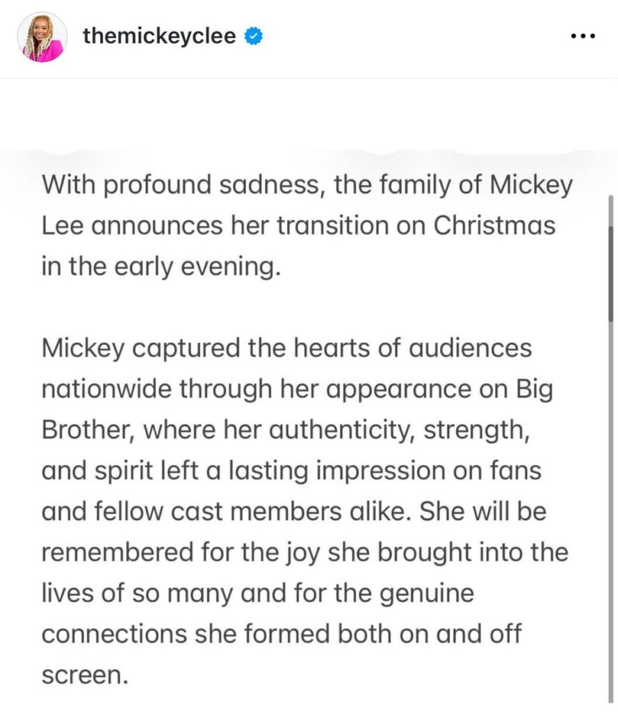 Big Brother 27 contestant Mickey Lee has passed away