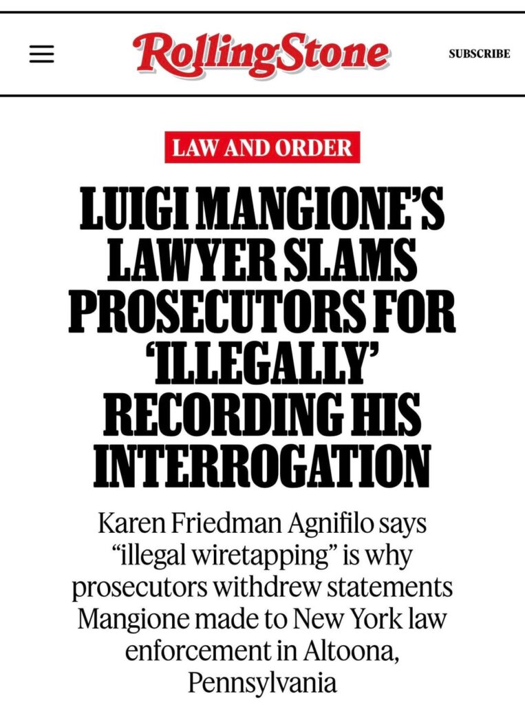 Luigi Mangione’s lawyer slams prosecutors for illegally recording his interrogation and says the illegal wiretapping is why prosecutors withdrew statements he made to NY law enforcement in PA. PA is a 2-party consent state, meaning he needed to be told he was being recorded to be admissible.