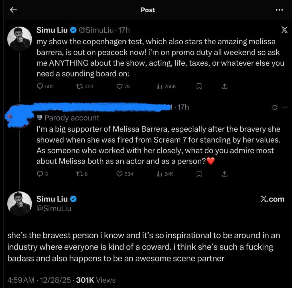 Simu Liu answers what he admires most about Melissa Barrera as an actor and as a person
