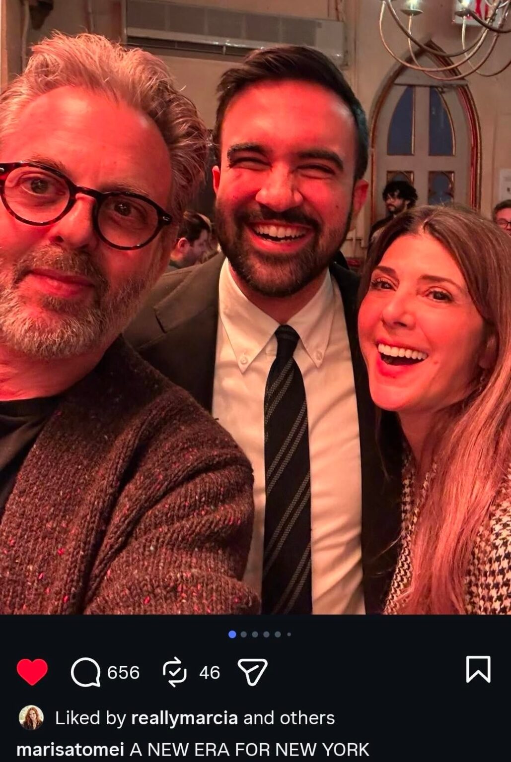 Marisa Tomei shares photos with Zohran Mamdani, Lupita Nyong'o, and Julianne Moore. "A new era for New York."