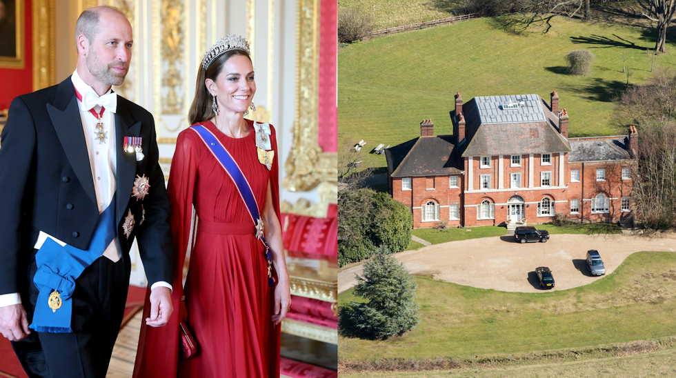 royal figures in formal attire next to a large mansion royal figures in formal attire next to a large mansion