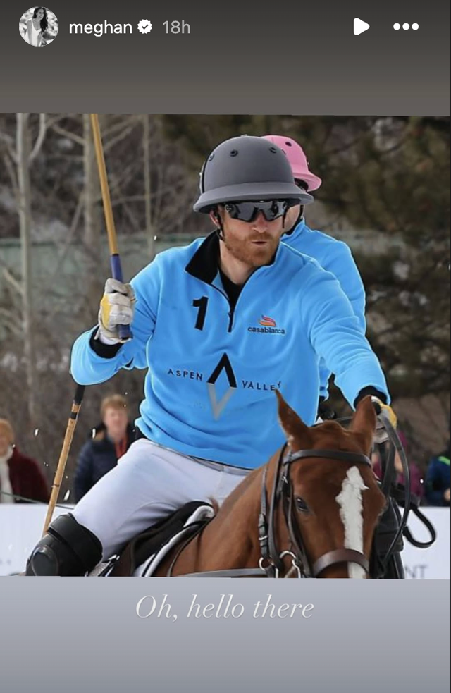 a photo of prince harry playing polo, shared by meghan