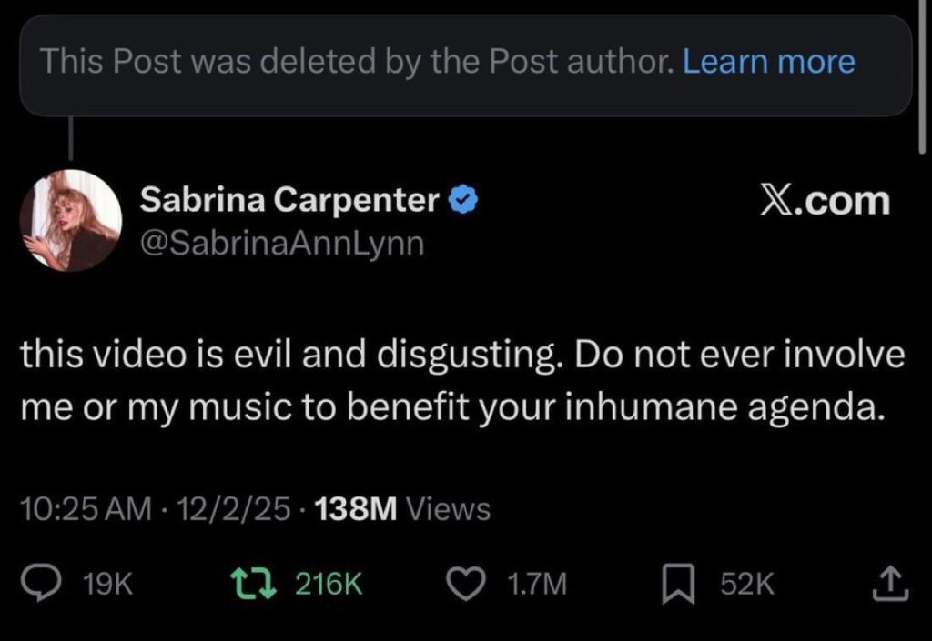 The White House have deleted their pro-ICE post using Sabrina Carpenter’s track ‘Juno’ following her comment
