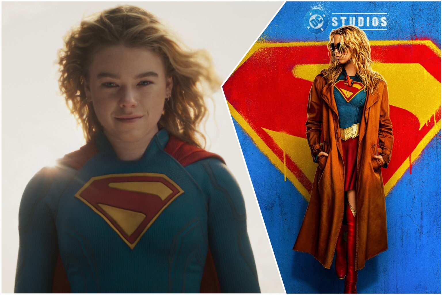 Based On The Tom King Run, Doesn’t Follow It “Religiously” A digital illustration featuring Supergirl, portrayed with curly hair and a confident expression, in her iconic blue and red superhero suit on the left, alongside a stylized version of Supergirl in a brown coat and red boots against a vibrant background with the Superman logo.