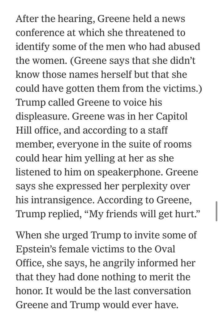 Marjorie Taylor Green tells the times that when she threatened to expose men who abused Epstein victims, Trump called to scream at her.