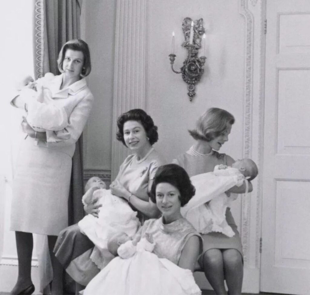 Queen Elizabeth II, Princess Margaret, Princess Alexandra, and the Duchess of Kent in 1964 with their new babies. Taken by Margaret’s husband Anthony Armstrong-Jones.