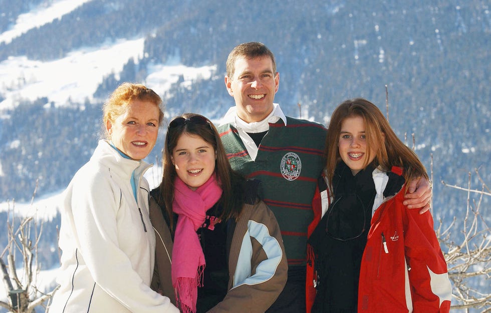 verbier, switzerland february 18: (l to r) the duchess of york, princess eugenie, the duke of york and princess beatrice attend a photocall on february 18, 2003 in verbier, switzerland. prince andrew will celebrate his 43rd birthday on february 19. (photo by uk press/getty images)