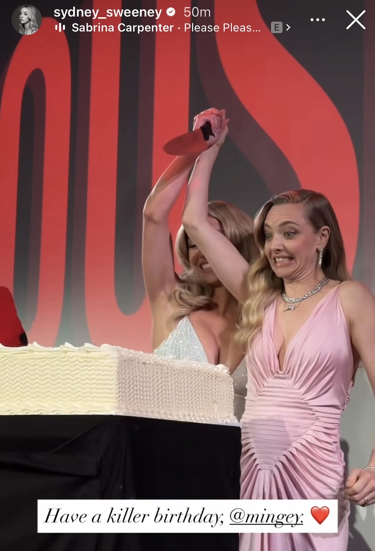 Sydney Sweeney posted to her Instagram stories and image of her and Amanda Seyfried with a knife about to stab a birthday cake at the premiere of their new thriller "The Housemaid."