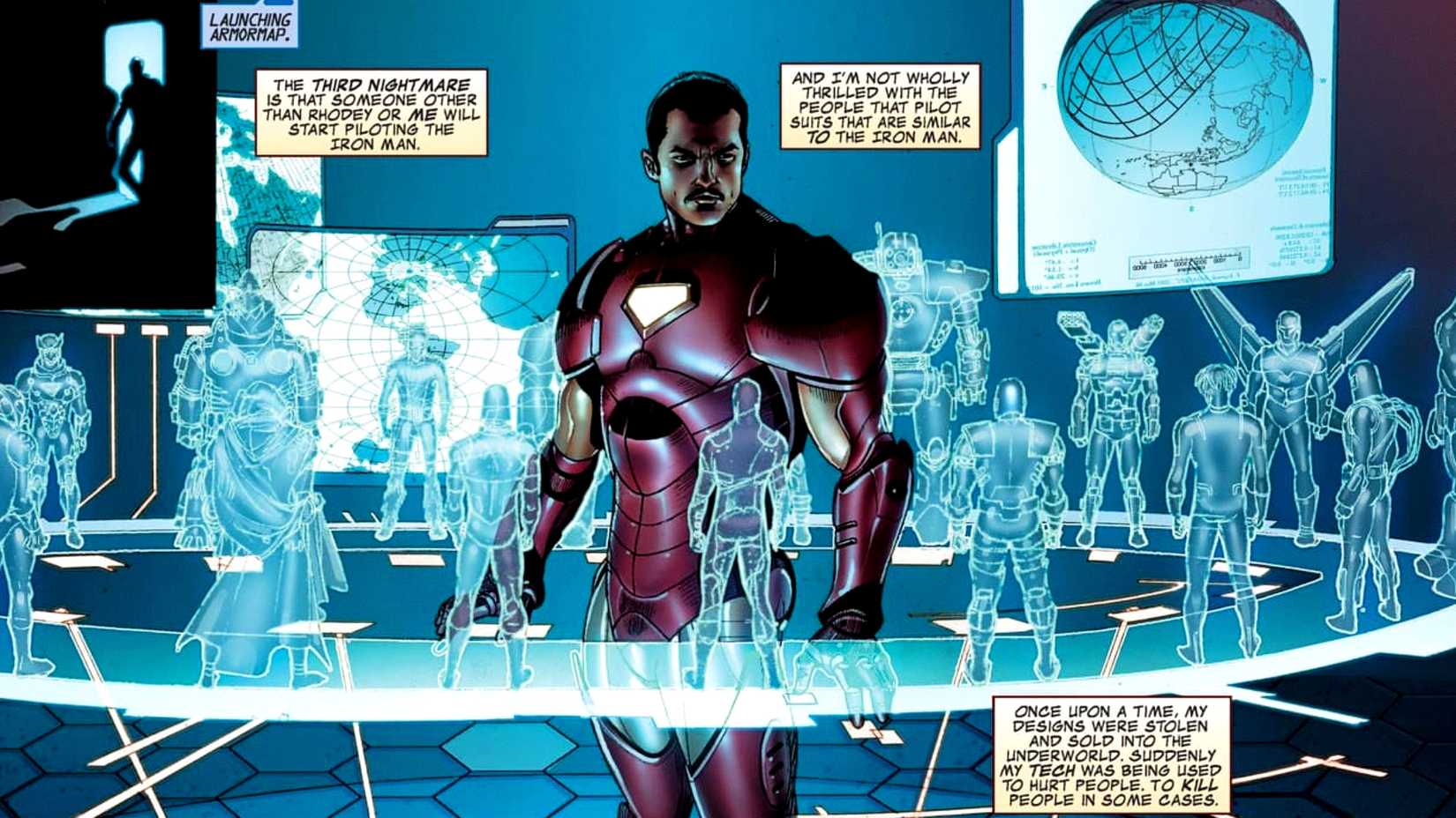 Tony Stark looks at various holograms wearing his Iron Man suit of armor