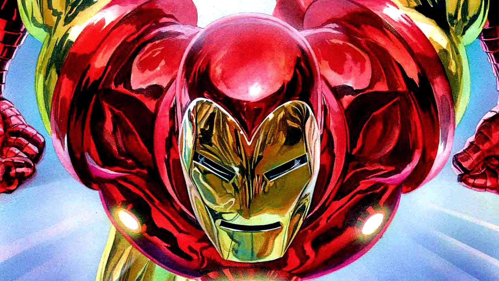 Tony Stark's classic Silver Age Iron Man suit flies towards the camera in Marvel Comics art