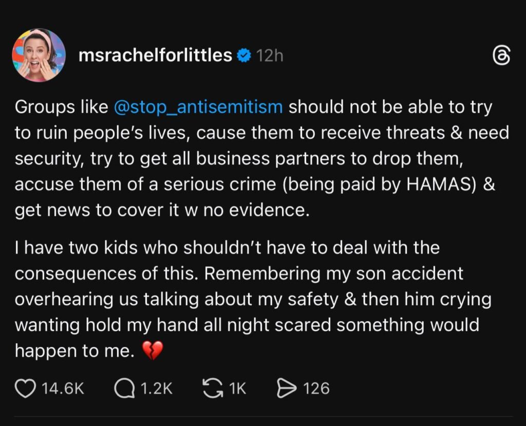 Ms Rachel called out “Stop Antisemitism” for nominating her as “Antisemite of the year”: “I have two kids who shouldn’t have to deal with the consequence of this”