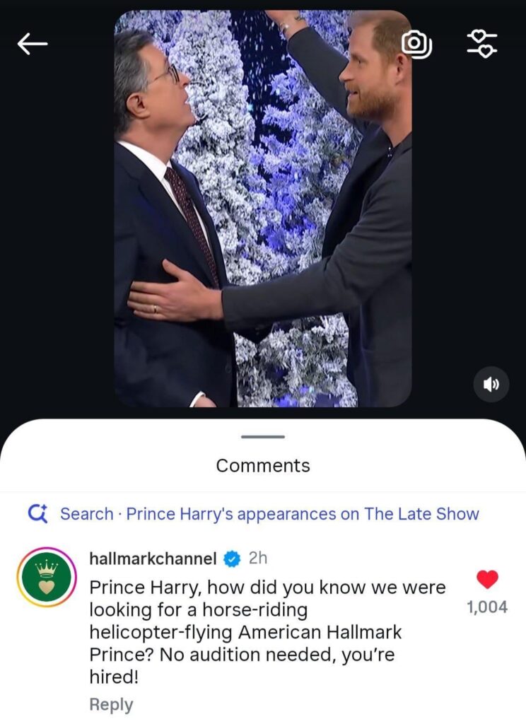 Hallmark Channel weighs in on Harry’s ‘audition’ on Stephen Colbert