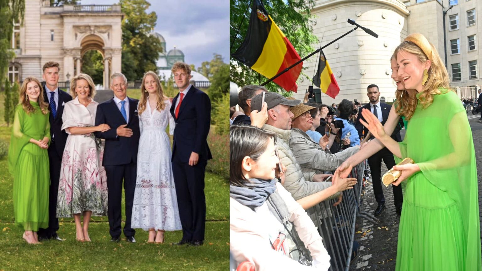 The Belgian royal family 2025 Christmas card; Princess Elisabeth in a green dress greeting fans on National Day