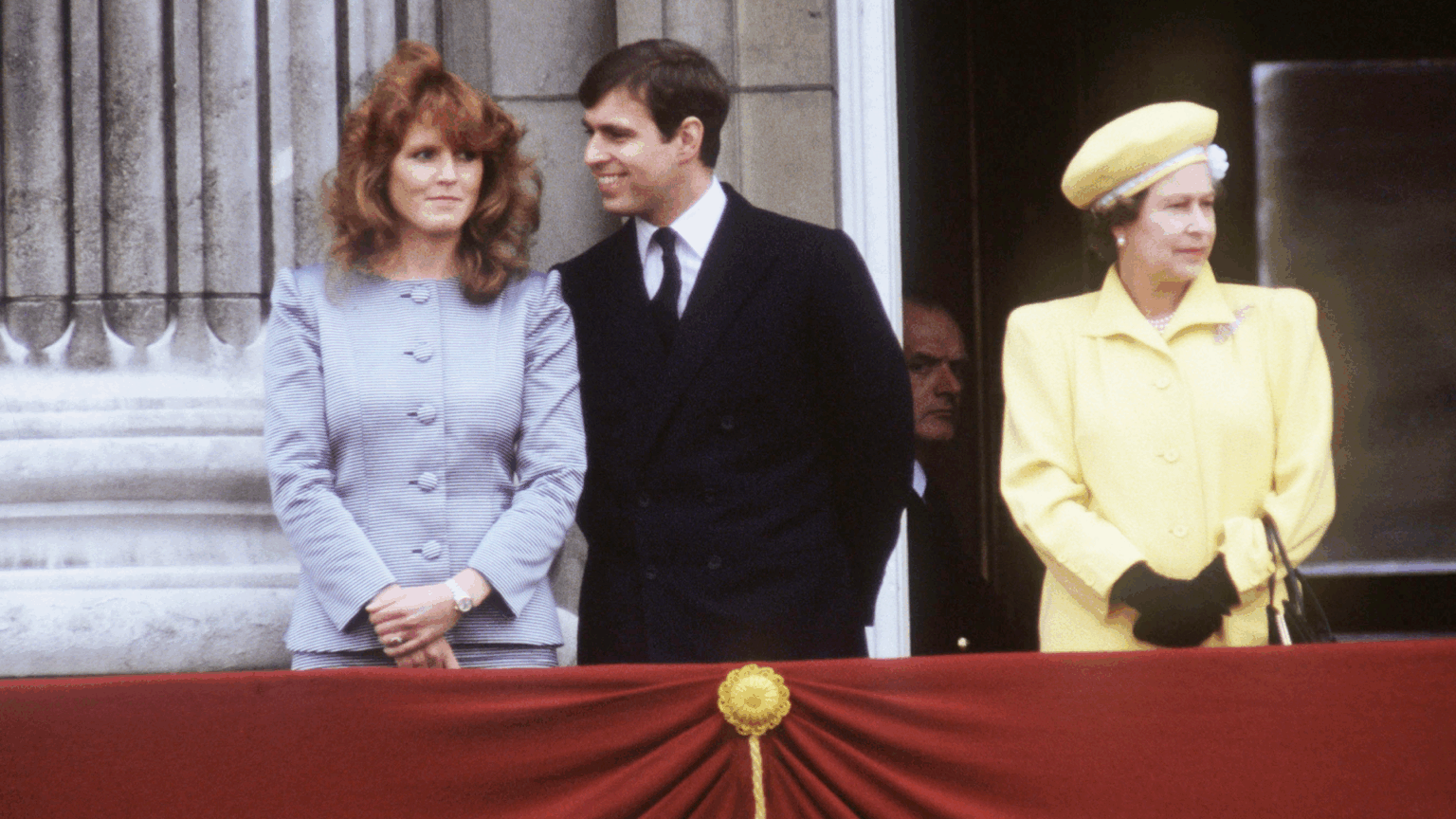 Sarah Ferguson Says She Can No Longer “Throw It to” Queen Elizabeth When Andrew Has “A Hard Time” Sarah Ferguson and Prince Andrew posing with Queen Elizabeth on the Buckingham Palace balcony