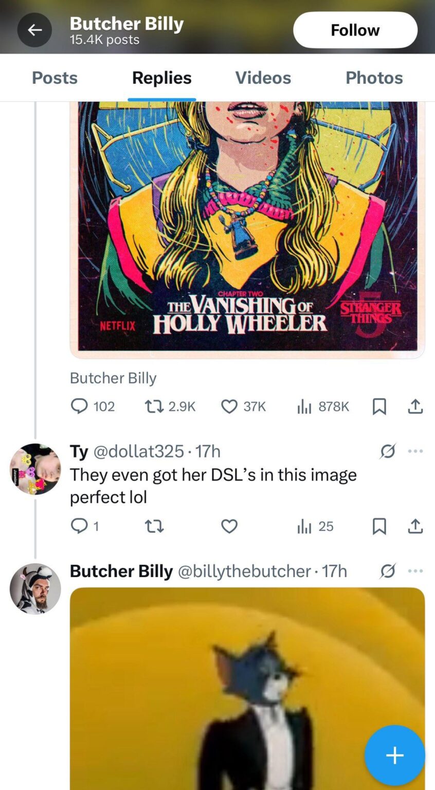 Butcher Billy, the artist for the official Stranger Things posters, replies to an NSFW tweet about an underage cast member