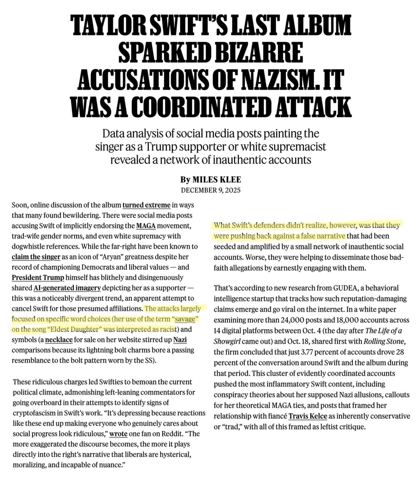Rolling Stone publishes article claiming criticisms of microaggressions in Taylor Swift’s album were a ‘false narrative’ spread by bots (and then provides little to no evidence to back up claims of bots)