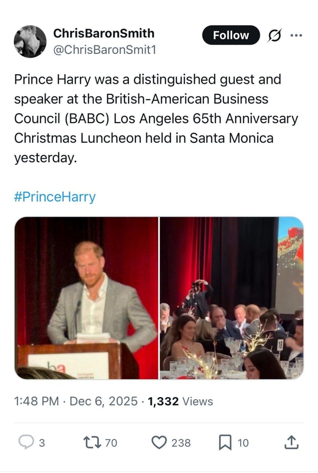 Prince Harry was a distinguished guest and speaker at the British-American Business Council (BABC) Los Angeles 65th Anniversary Christmas Luncheon held in Santa Monica yesterday.