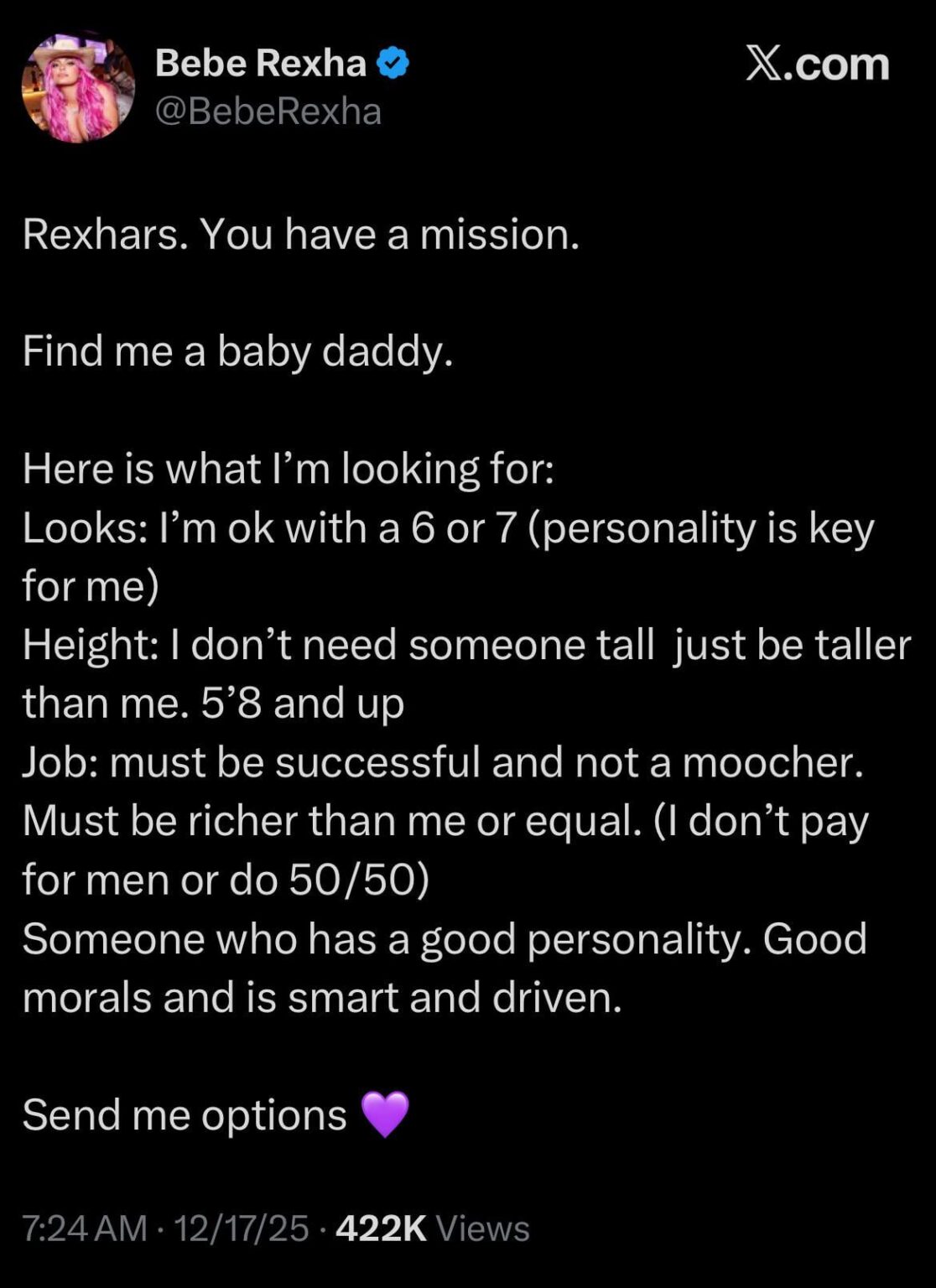 Bebe Rehxa in new tweet “Find me a baby daddy”