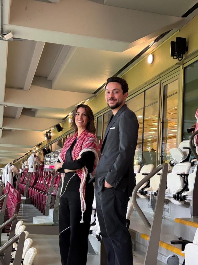 Princess Rajwa and Prince Al Hussein at the 2025 Arab Cup final between Jordan and Morocco