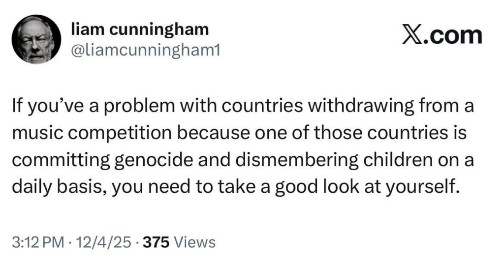 ‘Game of Thrones’ Liam Cunningham reacts to people getting mad over Spain, Ireland, Slovenia and the Netherlands for withdrawing from the 2026 Eurovision Song Contest. The European Broadcasting Union refused to expel Israel from the competition despite them actively committing a genocide in Gaza. ‘Game of Thrones’ Liam Cunningham reacts to people getting mad over Spain, Ireland, Slovenia and the Netherlands for withdrawing from the 2026 Eurovision Song Contest. The European Broadcasting Union refused to expel Israel from the competition despite them actively committing a genocide in Gaza.