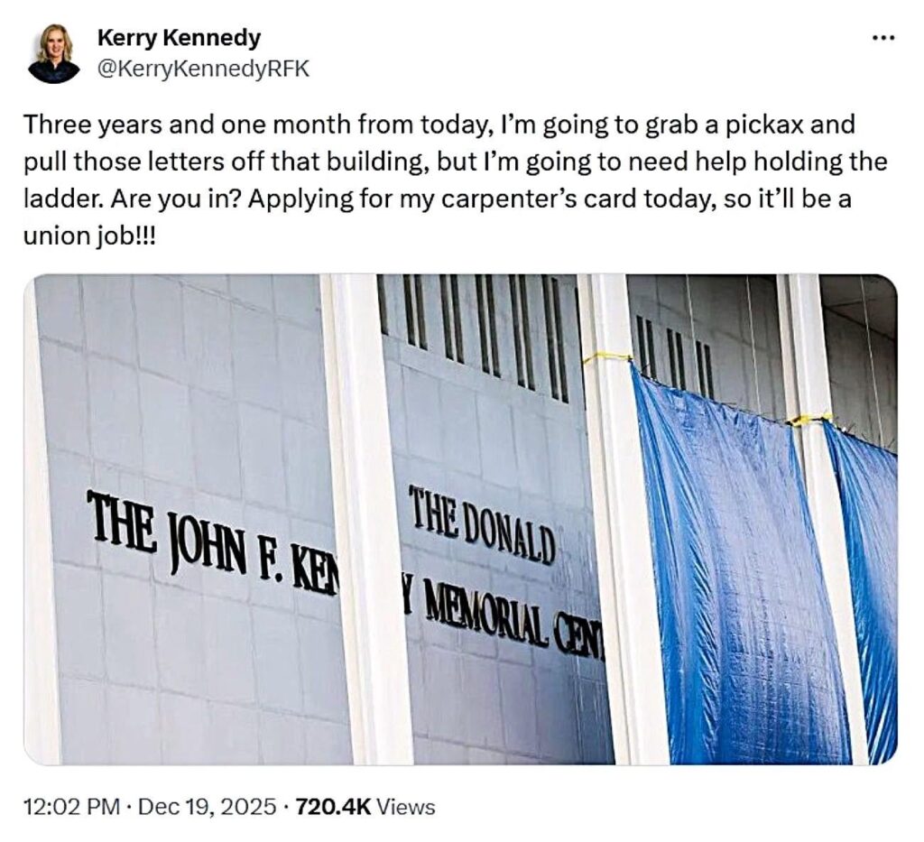 Kerry Kennedy, daughter of Senator Robert F. Kennedy, reacts to updated Kennedy Center signage.