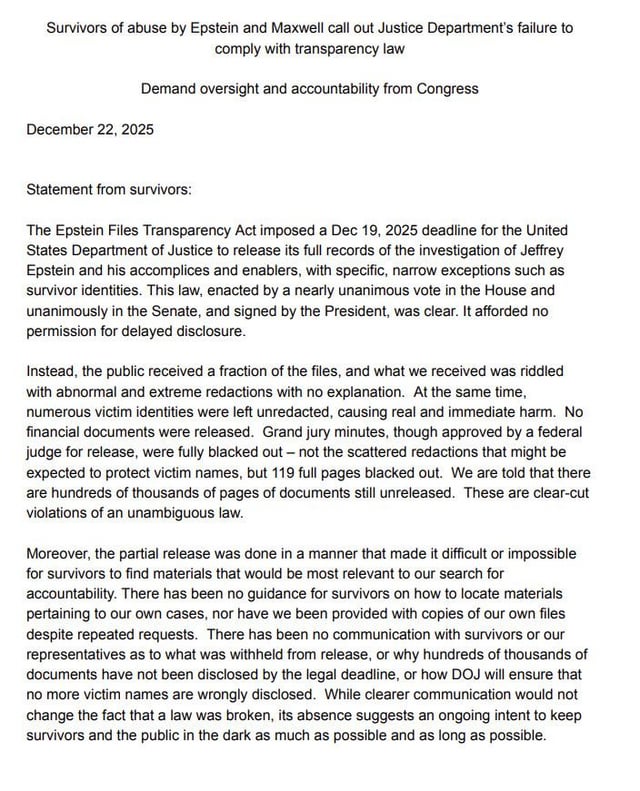Epstein and Maxwell survivors release letter stating DOJ broke the law and are refusing to turn over documents they've requested. They also state that they failed to redact identifying information about the survivors.