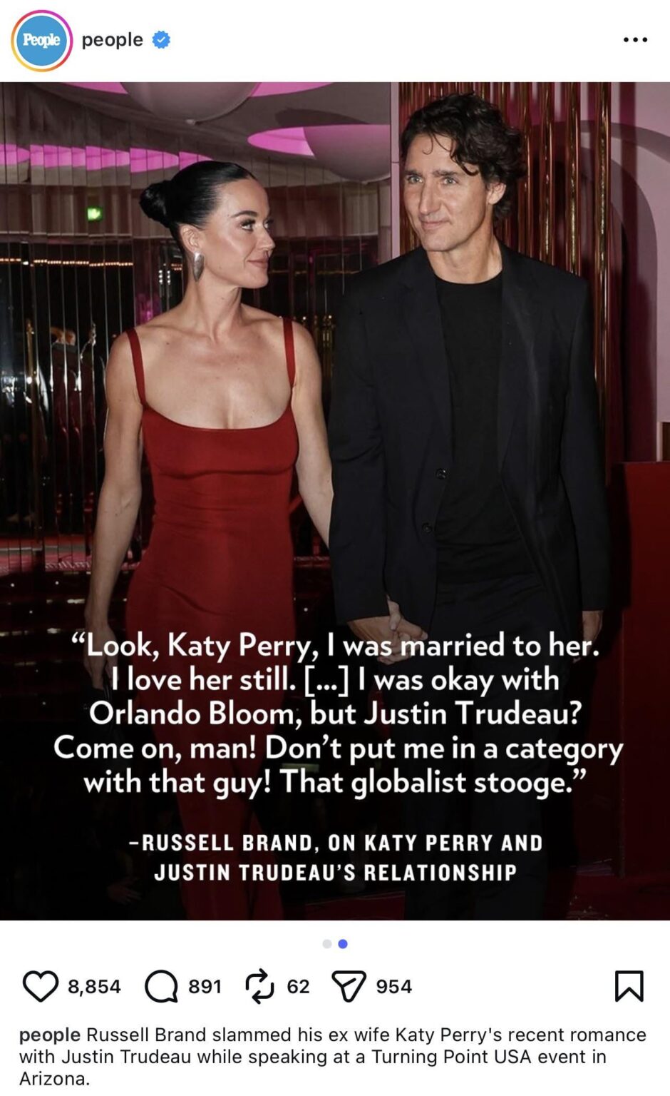 Russell Brand slammed his ex wife Katy Perry's recent romance with Justin Trudeau while speaking at a Turning Point USA event